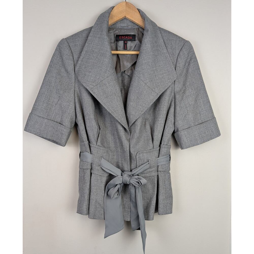 Escada Short Sleeve Belted Jacket Gray Stretch Wool 36